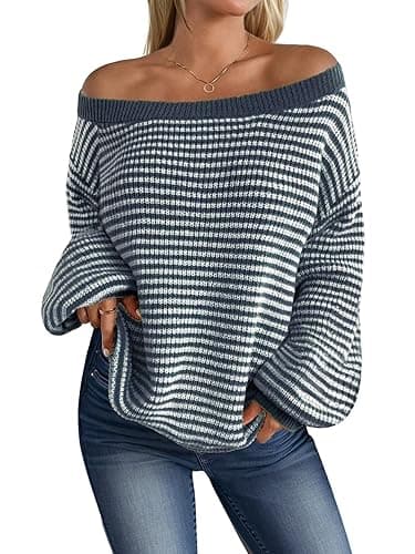 MARZXIN Women's 2025 Fall Long Sleeve Sweaters Casual Loose Striped Off Shoulder Casual Oversized Knitted Sweater Pullovers - Image 1