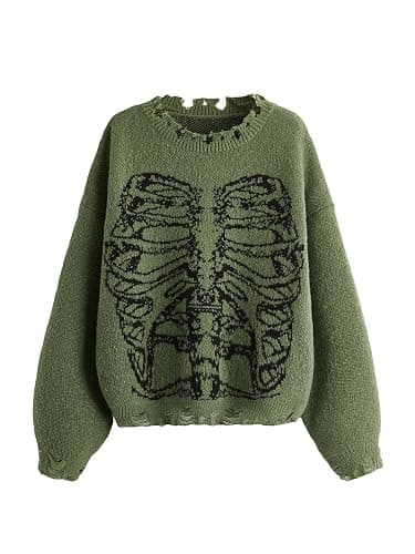 SHENHE Women's Oversized Skeleton Pattern Ripped Round Neck Sweater Pullover - Image 1