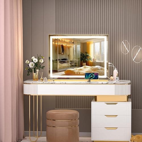 Hasipu Vanity Mirror with Lights, 32" x 20" LED Makeup Mirror, Lighted Makeup Mirror with Dimmable 3 Modes, Touch Screen Control Vanity Mirror Square Gold thumbnail 7