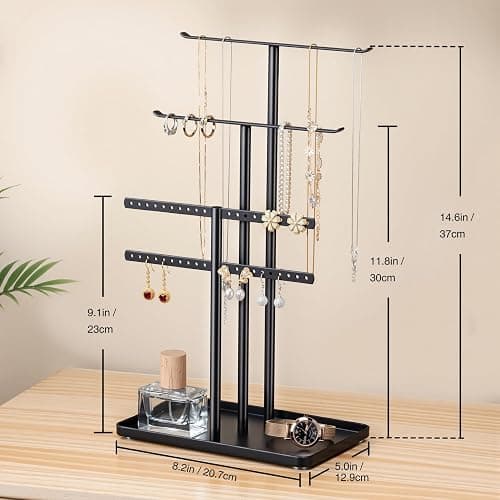 Jewelry Stand Organizer, 14.5" Tall Sturdy Metal, 3-Tier Jewelry Holder for Necklace, Earring, Bracelet, Ring, Hanger for Display and Storage, Aesthetic Room Decor, Black thumbnail 3