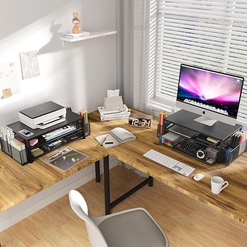 OPNICE Desk Organizer and Accessories, 2-Tier Computer Monitor Stand Riser with Drawer and 2 Pen Holders, Laptop Stand, Office Desk Accessories for Office Supplies, Black thumbnail 2