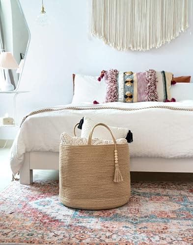 Mkono Woven Storage Basket Decorative Natural Rope Basket Wooden Bead Decoration for Blankets,Toys,Clothes,Shoes,Plant Organizer Bin with Handles Living Room Home Decor, Jute, 16" W × 13.8" L thumbnail 4