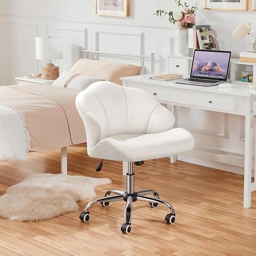 Yaheetech Cute Velvet Desk Chair Shell-Shaped Back Vanity Chairs Modern Swivel Desk with Wheels Adjustable Height for Home Office Bedroom White - White thumbnail 2