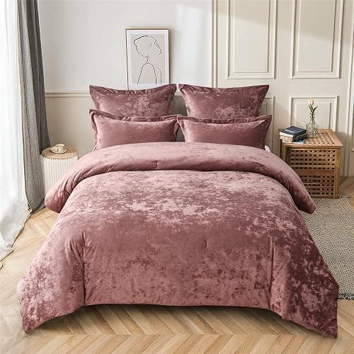 Fredsure Distressed Velvet Comforter Set, 5 Pieces Dusty Mauve Queen, Distressed Velvet Face and Brushed Microfiber Reverse - Image 1