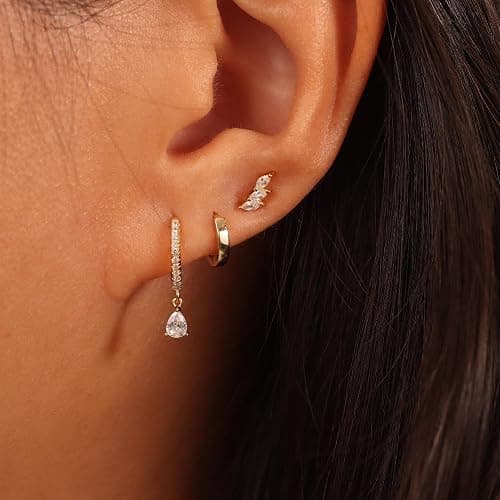 Freekiss 3 Pairs Gold Hoop Earrings Set: Dainty Stud Earrings Trendy Small 14K Gold Plated Hypoallergenic Dangle Cartilage Huggie Hoop Earrings for Women Gold Jewelry for Women Gifts thumbnail 5