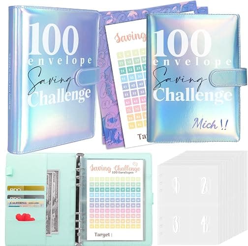 Axolotl 100 Envelopes Money Saving Challenge Binder, A5 Savings Budget Challenges Binders with Cash Envelopes, 100 Days Envelope Saving Binder Book, Budget Planner (Laser Blue) - Image 1