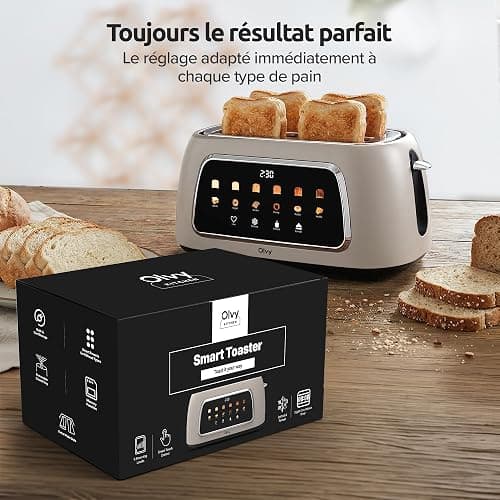 Olvy Grille Pain Electrique Ecran LCD Minuteur | 1 Appareil | Beige 4 Fentes 1500W Decongelation | Petit Dejeuner Familial | Toaster Fentes Larges Ramasse Miettes thumbnail 2
