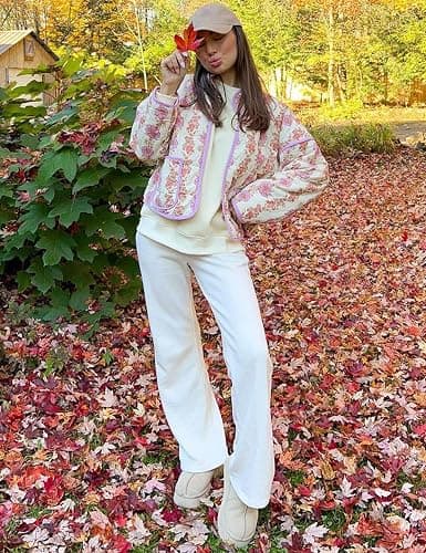Yimoon Women's Cropped Puffer Quilted Jacket Vintage Floral Print Open Front Lightweight Short Jacket Outwear thumbnail 5