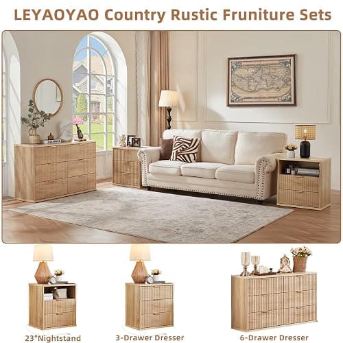 LEYAOYAO 23" Wide Fluted Farmhouse Night Stand Set of 2 with Charging Station, 3 Drawers Large End Table w/Metal Handle, Natural Nightstand Bedside Table,Wood Dresser for Bedroom, Closet thumbnail 5