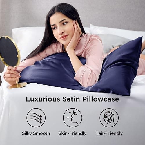 Bedsure Satin Pillowcases, Similar to Silk Pillow Cases Queen Size Set of 2, Pillow Case for Sleeping Women with Envelope Closure, Gifts for Women Men, Navy, 20x30 Inches, 2pcs thumbnail 3