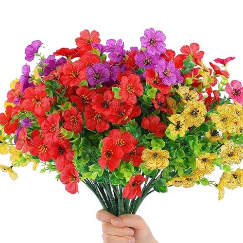 Hananona 2 Set Artificial Outdoor Flowers with Hanging Basket, 2 Hanging Planters with 24 Pcs Flowers for Spring Summer Front Porch Garden Patio Home Decor (2, Red, Purple, Yellow, Rose Red) thumbnail 8