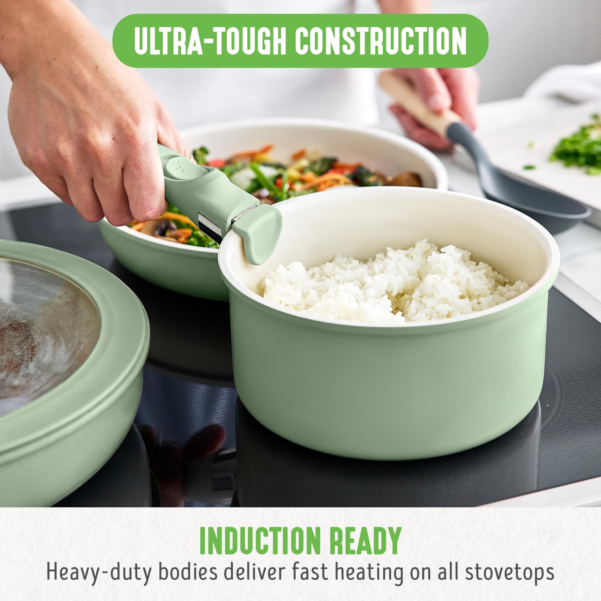 GreenLife Click 10-Piece Ceramic Nonstick Cookware Set, Detachable Handle, Stackable Space Saving Kitchen Essential, Non Toxic PFAS-Free Pots & Pans, Induction & Oven Safe, Glass Lid, Sage Green thumbnail 7