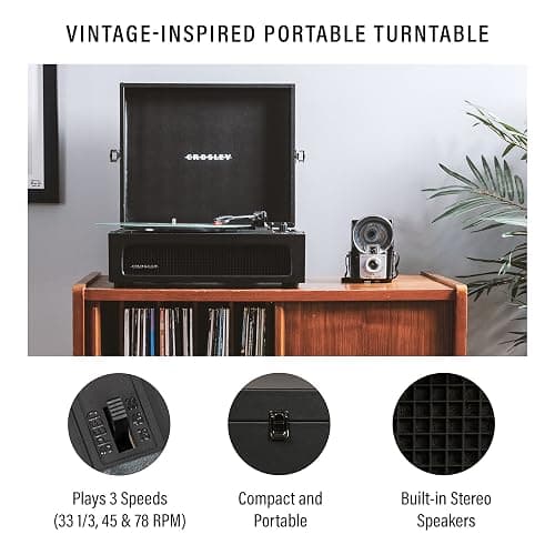 Crosley CR8017B-BK Voyager Vintage Portable Vinyl Record Player Turntable with Bluetooth in/Out and Built-in Speakers, Black thumbnail 2