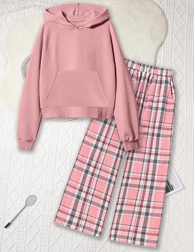 kadoubiyoo Girls Clothes Long Sleeve Hoodie Sweatshirt and Plaid Wide-leg Pants 2PCS Girl Fall Winter Outfits Size 6-16 thumbnail 6