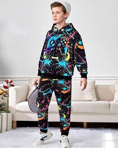 Latnnut Boy 2 Pcs Clothes Cool 3D Printing Long Sleeve Hoodie & Sweatpants Outfit for 5-12 Years thumbnail 5