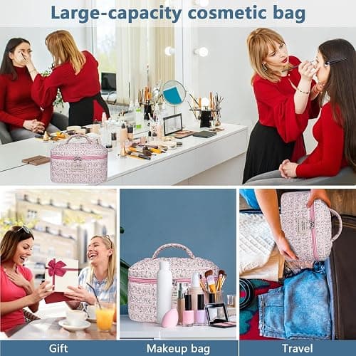 Gosect Large Makeup Bag, Cute Cosmetic Bag for Women Girls, Floral Coquette Aesthetic Toiletry Bag, Travel Make Up Organizer Bag(Small Pink Floral thumbnail 6