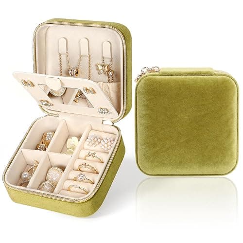 MFXIP Plush Velvet Travel Jewelry Case Small Jewelry Box Jewelry Organizer Storage Case Portable Jewelry Travel Case for Girls Womens Earring, Necklace, Rings,Bracelets with Mirror - Image 1