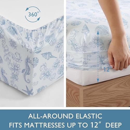 Caribbean Joe Queen Coastal Print Microfiber Sheet Set, Coastal Brocade | Soft, comfortable 100% polyester microfiber 4-piece set with 12" deep pockets and a coastal seashell pattern thumbnail 6