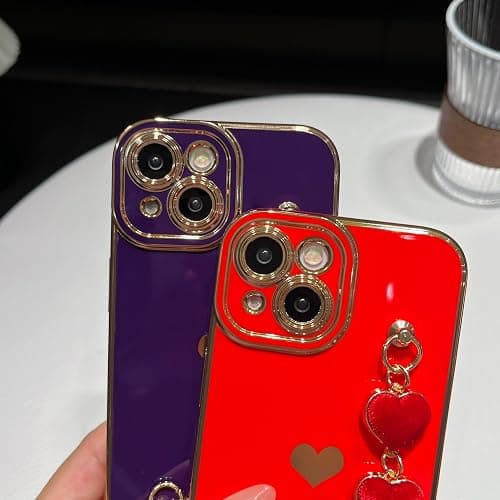 Caseative for iPhone 15 Case,Cute Plating Love Heart Wrist Strap Chain Bracelet Phone Case (Black) thumbnail 4