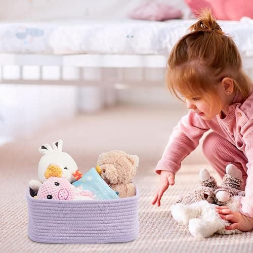 XUANGUO Small Woven Storage Baskets for Shelves, 12" x 8" x 5", Purple | Decorative rope storage bins for closets and toy storage; cute organizer baskets, empty gift baskets and nursery storage. thumbnail 2