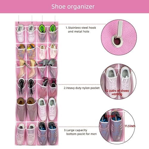 SAVERHO Hanging Shoe Organizer, Over The Door Shoe Organizer with 24 Breathable Mesh Pockets for Men Women Kids Hanging Shoe Storage Rack Organizer Size:58x21 Inch（Pink） thumbnail 5