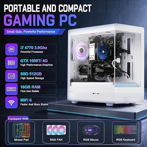 GPVHOSO Prebuilt Gaming PC Desktop, Intel i7-4770, GTX 1050 Ti 4G, 16GB RAM, 512GB SSD, Windows 11 Home, Casual Gaming & Home Office, White Tower thumbnail 2