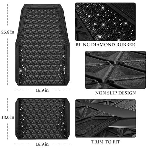 CAR PASS Bling Diamond Car Mats Rubber Floor Mats Full Set Anti-Slip 3D Rhombus Waterproof Trim to Fit Liner Universal Glitter Crystal Sparkly Shining Rhinestone Girl Women SUV Sedan, Black Diamond thumbnail 4