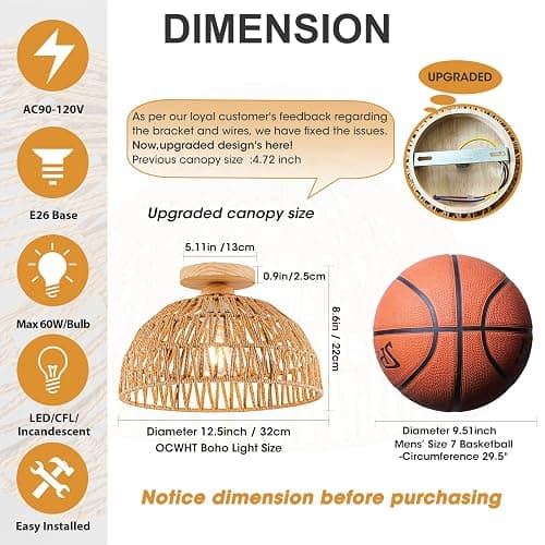 OCWHT Boho Rattan Ceiling Light Fixtures Boho Lamp Shade Flush Mount Ceiling Light Hand-Woven Small Chandelier Wooden Base Chandelier Light for Hallway Bedroom Kitchen Nursery - Brown thumbnail 6