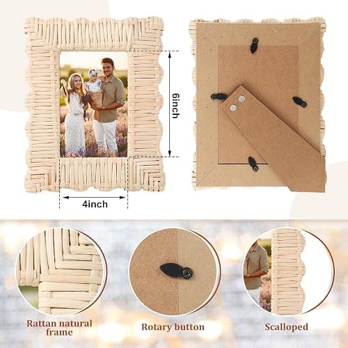 Lineshading 2 Pack Scalloped Woven Wicker Picture Frame 4 x 6 Inch Rattan Photo Frame for Wall Tabletop Display Home Decor Accessories Gifts for Family Friends thumbnail 3