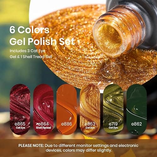 Beetles Fall Gel Nail Polish Set, 6 Colors Red Burgundy Cat Eye Gel | Olive Green and Pearl Nail Polish, Magnet Soak Off LED Nail Art Kit DIY Salon at Home Gifts for Women thumbnail 2