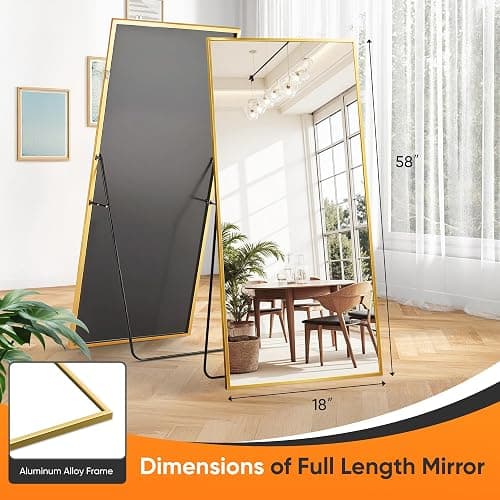 Suidia Full Length Mirror, 58"x18" Floor Standing Mirror Freestanding, Full Body Mirrors with Stand for Bedroom, Hanging Mounted for Living Room Cloakroom, Gold, Rectangular Style thumbnail 4
