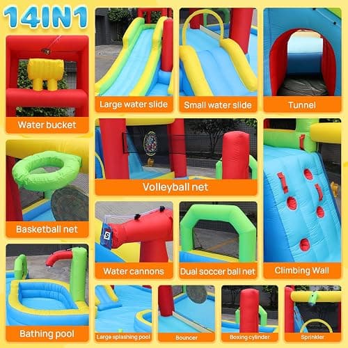 JOISTOON Inflatable Water Slides Park, Large Water Castle for Kids Fun Outdoor Jumping Inflatable Bouncers with Extra Large Pool and 2 Slides, 3 Types of Ball Games, Easy to Set Up with Air Blower thumbnail 4