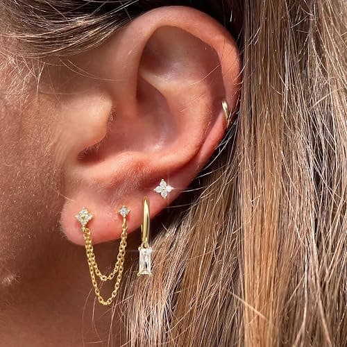 Gold Chain Stud Earrings for Women Trendy Minimalist 14K Gold Small Huggie Hoop Birthstone Earring Sets for Multiple Piercing Hypoallergenic Earring Stacks thumbnail 9
