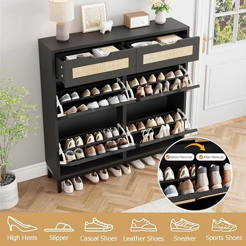 Jocoevol Rattan Shoe Cabinet for Entryway with 4 Flip Drawers & 2 Top Drawers, Freestanding Narrow Shoe Storage Cabinet with Metal Legs for Foyer, Hallway (Black) thumbnail 6