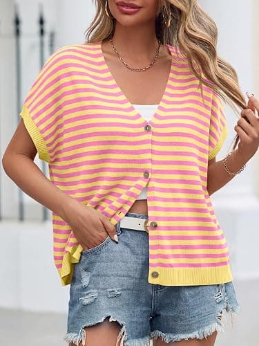 Saodimallsu Womens Fall Short Sleeve Cardigans Sweater Oversized Tops | Summer Top,Spring Cardigan,Lightweight Shirt,Batwing Sleeve,Button Down,V Neck,Casual Office Wear,Butter Yellow,Cute Tops thumbnail 3