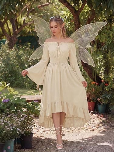 Scarlet Darkness Renaissance Dress Women Off Shoulder Bell Sleeve Dress | Bell Sleeve, Pockets, High Low Hem, for Fairy Goth Halloween Pirate Party thumbnail 5