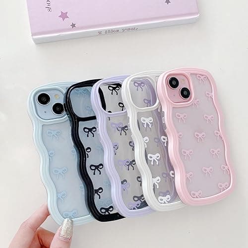 QLTYPRI Bow Case for iPhone 13/iPhone 14, Clear Cute Ribbon Bow Phone Case Curly Wavy Aesthetic Phone Case, Slim Soft Transparent Shockproof Protective Cover for Women Girls - Purple - iPhone 13/14 - Purple thumbnail 5