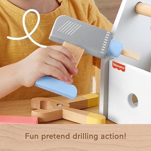 Fisher-Price Wood Pretend Play Toy Tool Box with Drill, 9-Piece Wooden Set for Building Construction Play Preschool Kids Ages 3+ Years thumbnail 5