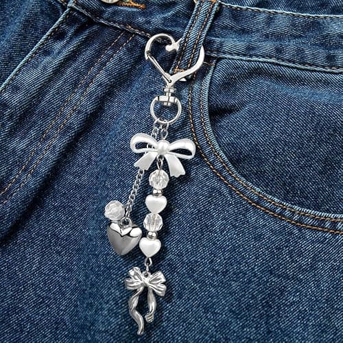 2pcs Bow Heart Beaded Keychain Accessories Cute Keychains for Women Kawaii Bowknot Pearl Bag Charms for Handbags Silver Gold Bows Hearts Key Chain for Car Keys Aesthetic Heart Key Ring Backpack Charms thumbnail 5