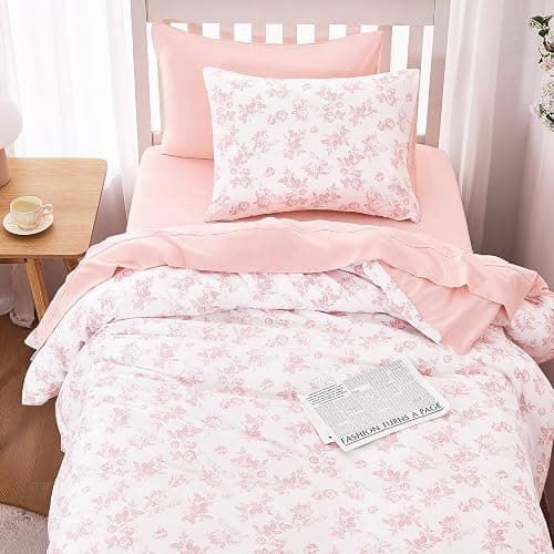 Wake In Cloud - Cottagecore Comforter Set, Floral Vintage Flower Shabby Chic Coquette Aesthetic for Women Teen Girls, Soft Lightweight Dorm Bedding, 3 Pieces, Pink, Twin/Twin XL Size thumbnail 4