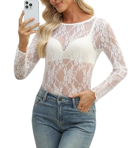 AYIFU Womens Mesh Tops Lace Long Sleeve Crew Neck See Through Blouse Sheer Shirt for Party Club Night thumbnail 3