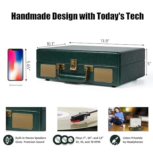 Vintage 3-Speed Bluetooth Portable USB Suitcase Record Player with Built-in Speakers | Upgraded Vinyl Turntable Audio Sound| Includes Extra Stylus & Mat | Green thumbnail 9