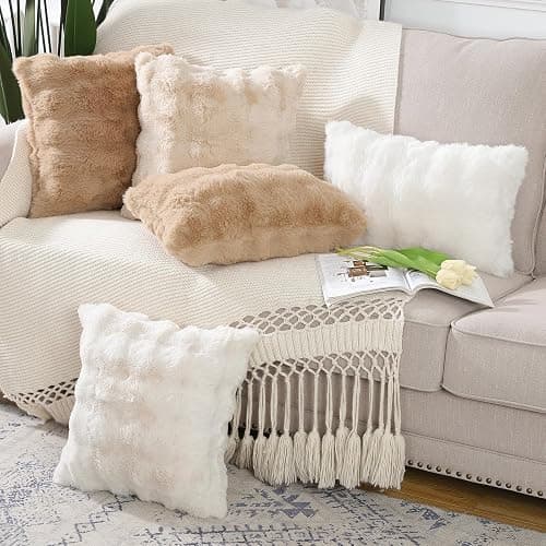 Madizz Pack of 2 Thick Plush Wool Cushion Covers 40x40 cm Cream Soft Neutral Decorative Throw Pillow Covers Accent Boho Pillowcases for Couch Sofa Bedroom Pillow Shell thumbnail 6