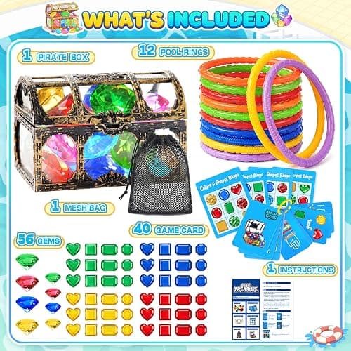 DISHIO Pool Diving Toys for Kids, Underwater Treasure Hunt Game with Pirate Chest, Diving Rings, 56PCS Gems, 40PCS Game Bingo Cards and Mesh Bag Swimming Pool Games Summer Toys for Boys Girls 4-12 thumbnail 7