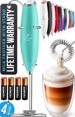 Zulay Kitchen Powerful Milk Frother Wand With Duracell Batteries - Ultra Fast Handheld Drink Mixer - Electric Whisk Foam Maker for Coffee, Lattes, Cappuccino & Matcha - Z1 Motor - Aqua - Image 1