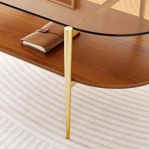LumFurn Oval Glass Coffee Table, Mid-Century Modern Design, L41 x W21 x H17 inch, for Living Room, 2-Tier Structure, Amber Glass Top and Walnut Finish Wood Shelf, Conical Legs with Gold Finish Frame thumbnail 7