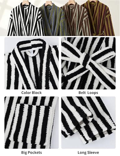 Arssm Womens Striped Fluffy Robe Long Plush Fuzzy Warm Bathrobes | Cozy Thick Loungewear, Maxi Robe, Color Block, Housecoat thumbnail 3