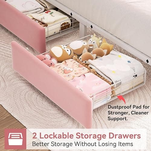 Twin Upholstered LED Bed Frame with 2 Storage Drawers and 2-Tier Storage Bookcase Headboard, Velvet Princess Platform Bed for Kids/Girls/Boys, Heavy Duty Metal Support, No Box Spring Needed, Pink thumbnail 4