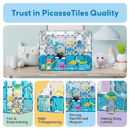 PicassoTiles Magnet Tiles Magnetic Building Blocks Aquarium Marine Animal Theme Set with 8 Character Action Figures Shark Crab Turtle STEM Toys Construction Preschool Toddlers Kids Boys Girls 3+ PTQ15 thumbnail 9