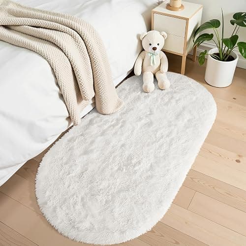OLANLY Fluffy Soft Area Rugs for Bedroom, 2.6x5.3 Feet Machine Washable Oval Rug, Non-Slip Beside Carpet for Kids Room, Playroom, Nursery, Dorms, Home Decors, Ivory - Image 1